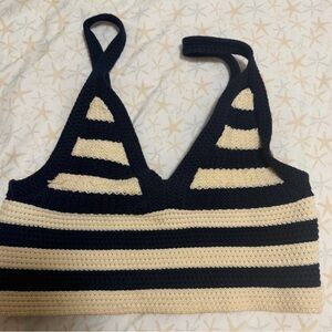 KULE Navy Cream Striped Knit Halter Crop Top Size M